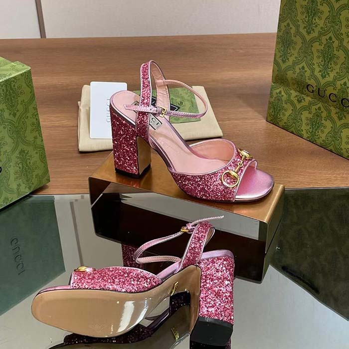 G*u*i women gg horsebit sandal metallic pink leather crystals mid-heel