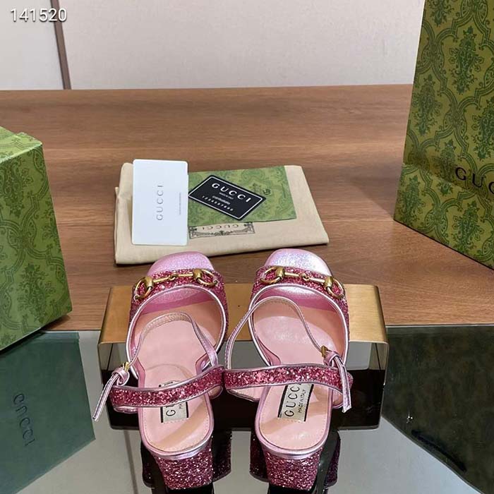 G*u*i women gg horsebit sandal metallic pink leather crystals mid-heel