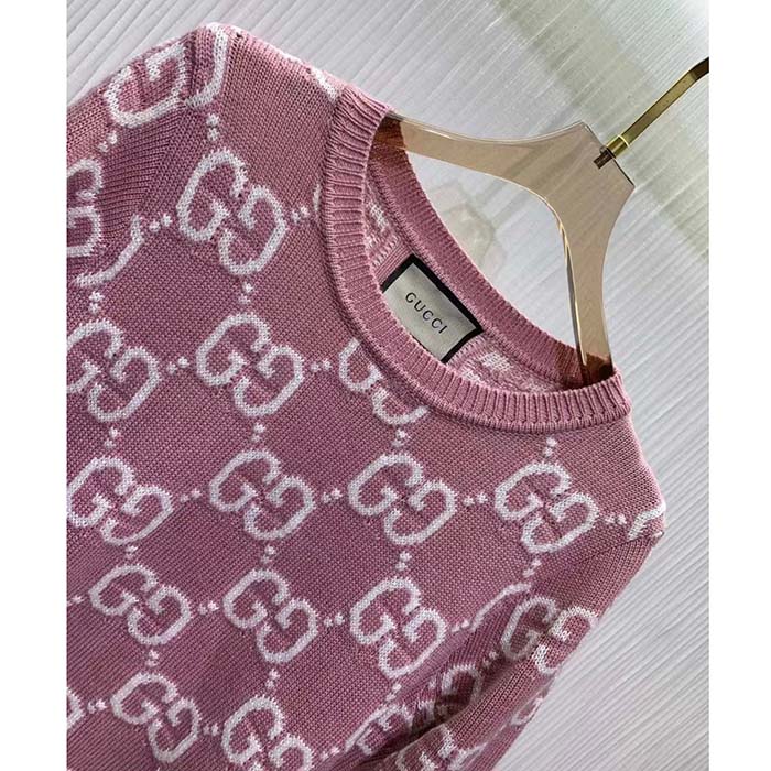 G*u*i women gg knit wool top pink crewneck short sleeves