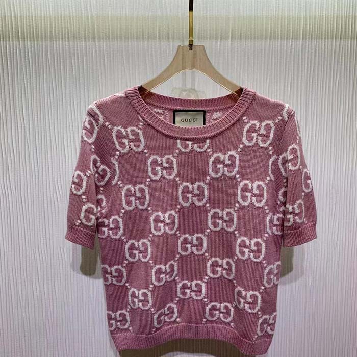 G*u*i women gg knit wool top pink crewneck short sleeves