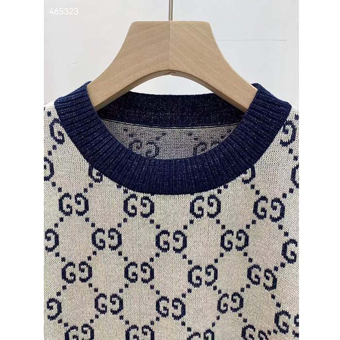 G*u*i women gg lamé jacquard top cotton navy crewneck short sleeves