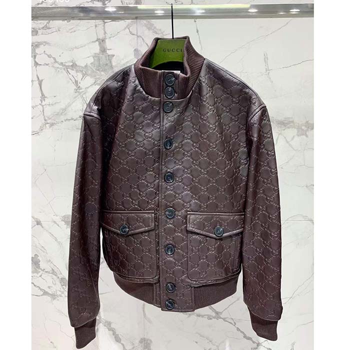 G*u*i women gg leather bomber jacket brown lambskin front patch pockets