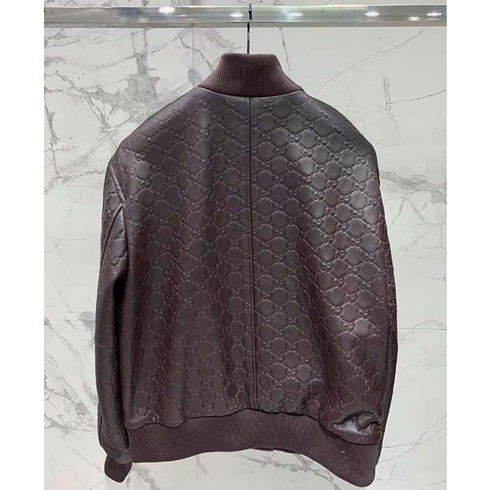 G*u*i women gg leather bomber jacket brown lambskin front patch pockets