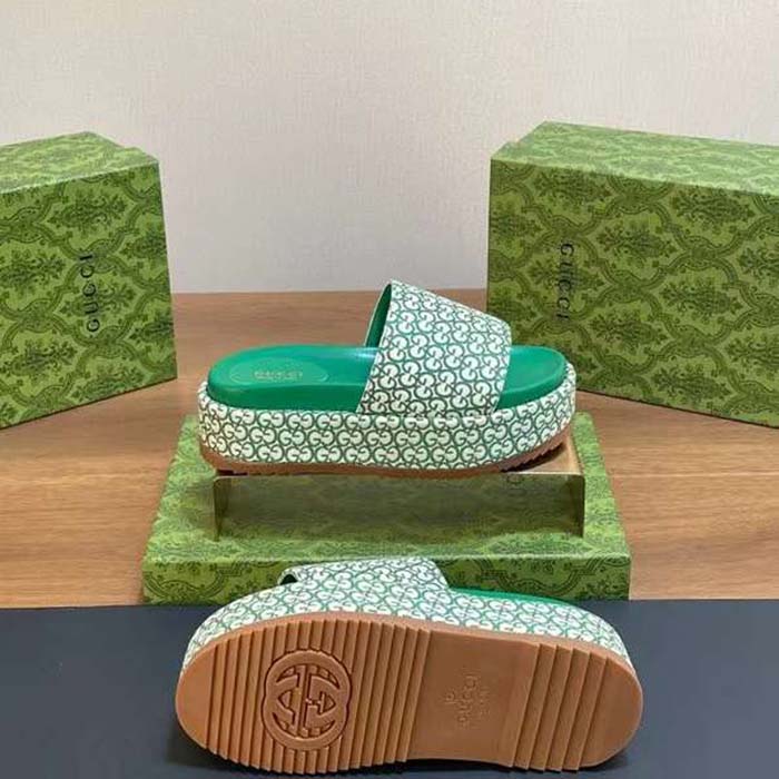 G*u*i women gg platform slide sandal ivory green canvas jacquard