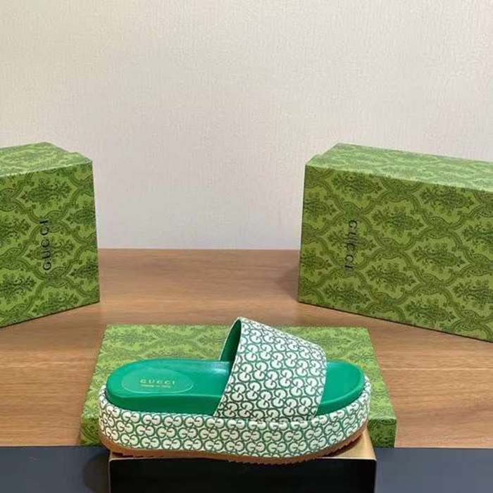 G*u*i women gg platform slide sandal ivory green canvas jacquard