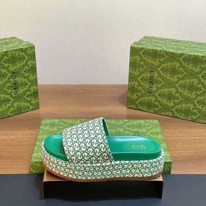 G*u*i women gg platform slide sandal ivory green canvas jacquard