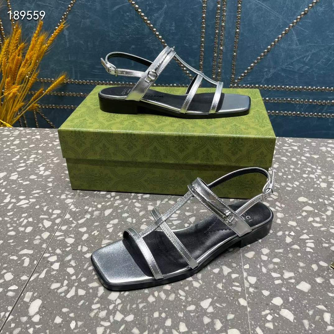 G*u*i women gg slim horsebit flat sandal silver leather ankle buckle