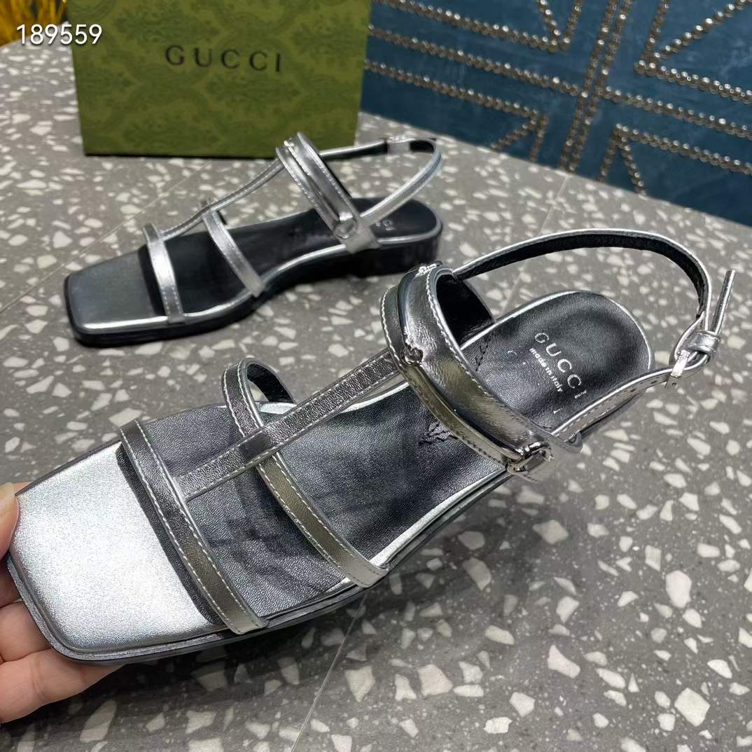 G*u*i women gg slim horsebit flat sandal silver leather ankle buckle