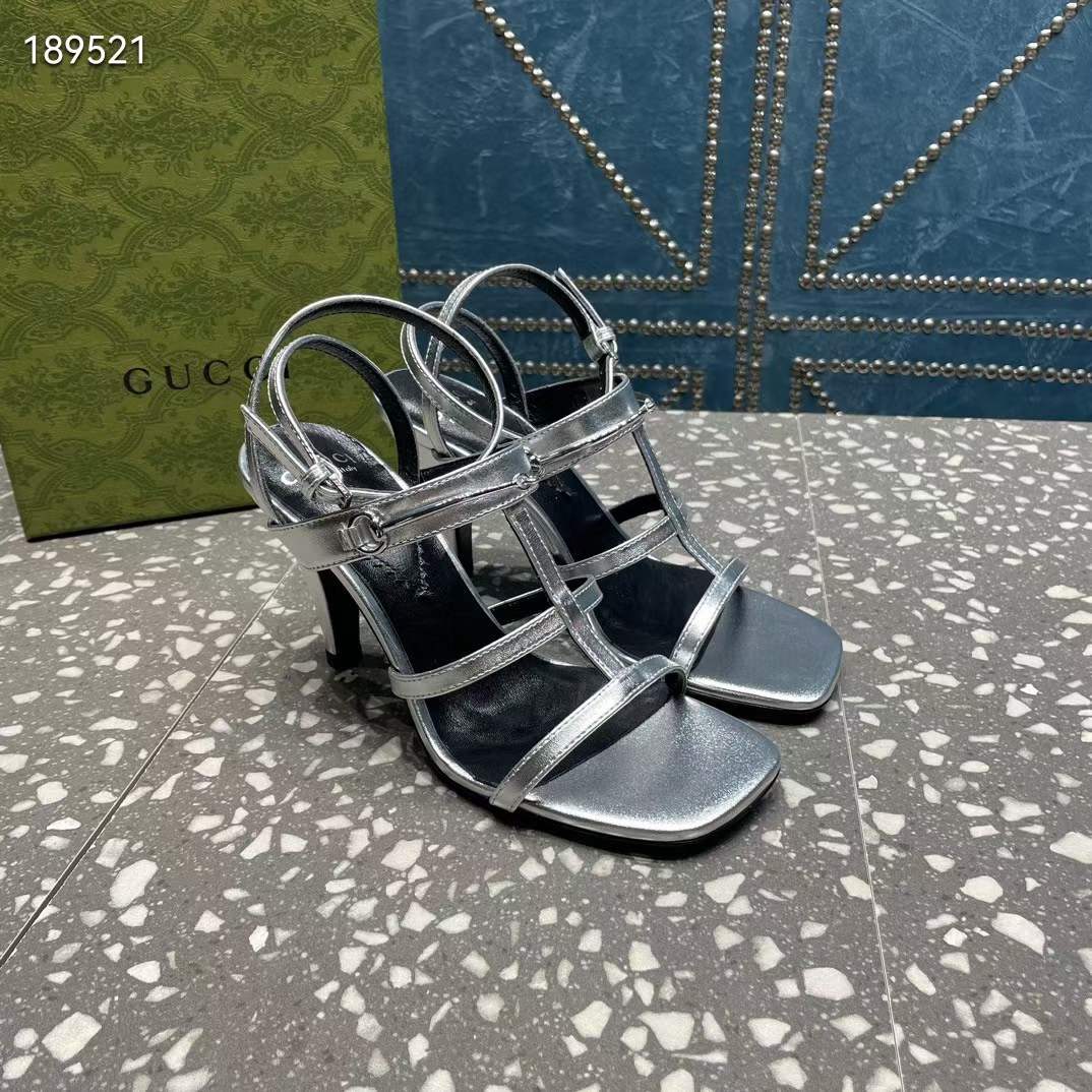 G*u*i women gg slim horsebit sandal silver leather high heel