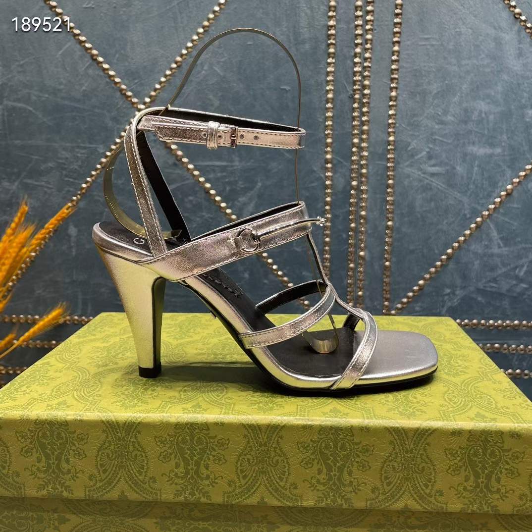 G*u*i women gg slim horsebit sandal silver leather high heel