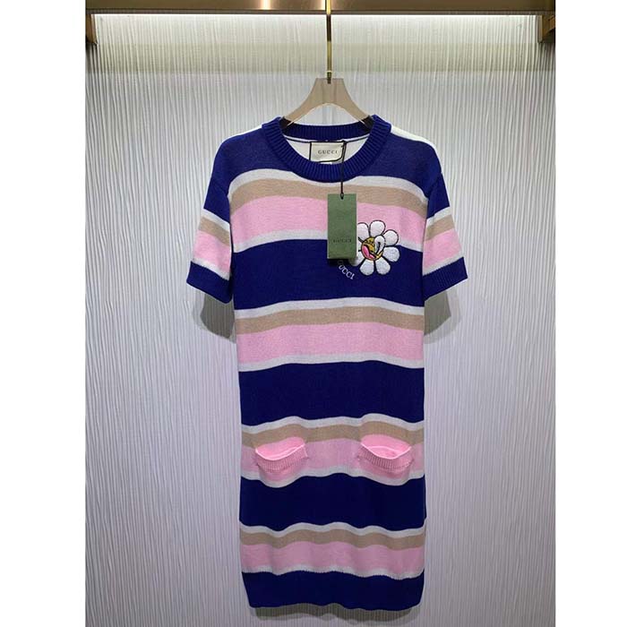 G*u*i women gg striped cotton wool dress patch round neck
