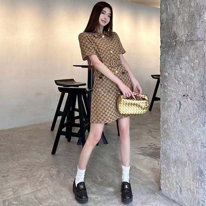 G*u*i women original gg canvas jumpsuit point neck short sleeves