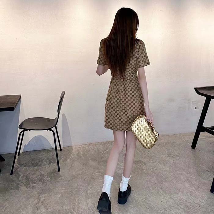G*u*i women original gg canvas jumpsuit point neck short sleeves