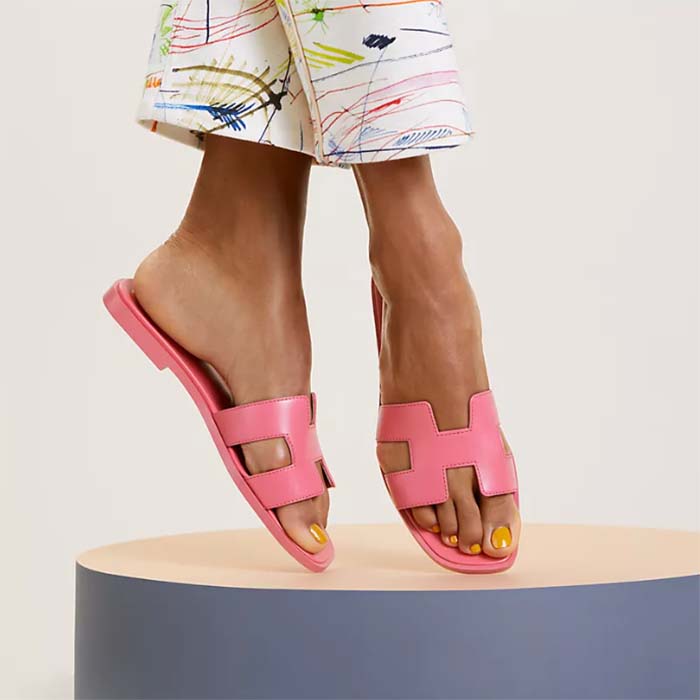 Hermes Unisex Oran Sandal Rose Pink Epsom Calfskin Natural Leather Sole