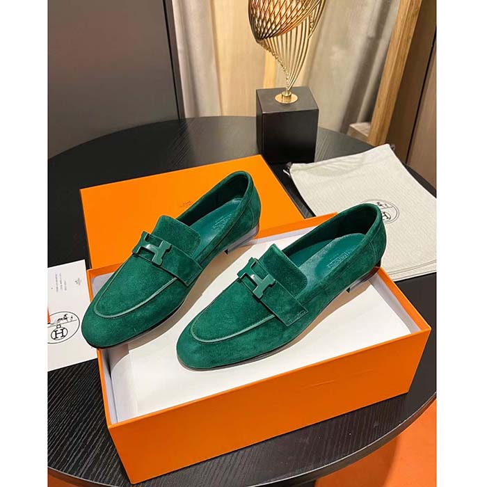 Hermes Unisex Paris Loafer Suede Goatskin Green Leather Rubber Sole