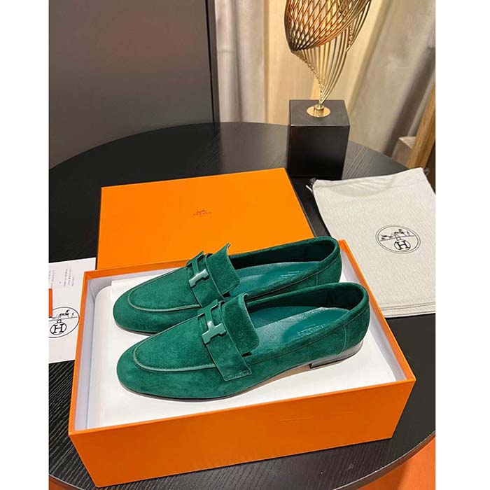 Hermes Unisex Paris Loafer Suede Goatskin Green Leather Rubber Sole