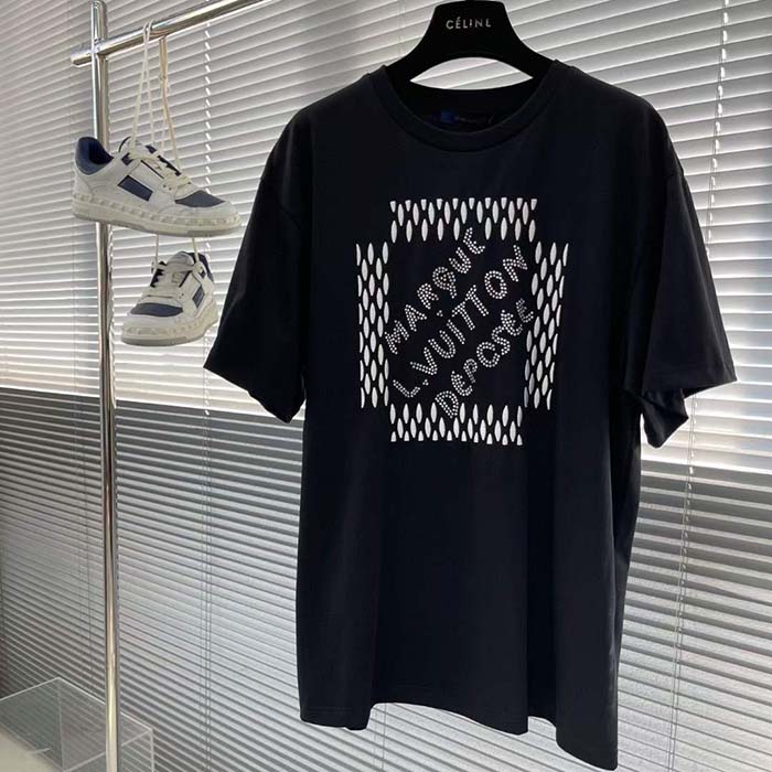 Louis Vuitton LV Women Embroidered Signature Cotton T-Shirt Ribbed Collar Black 1AFJFH