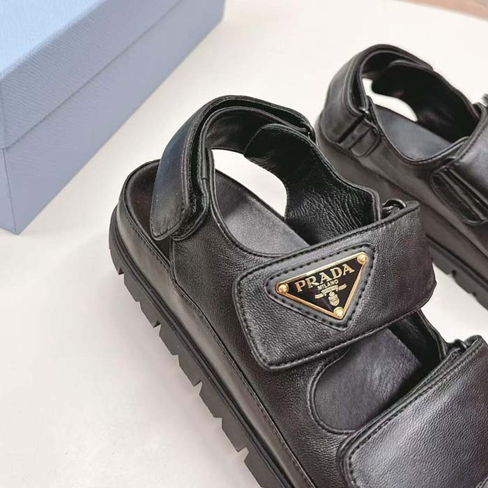 Prada Women Flat Nappa Leather Sandals Rubber Sole Lug Tread