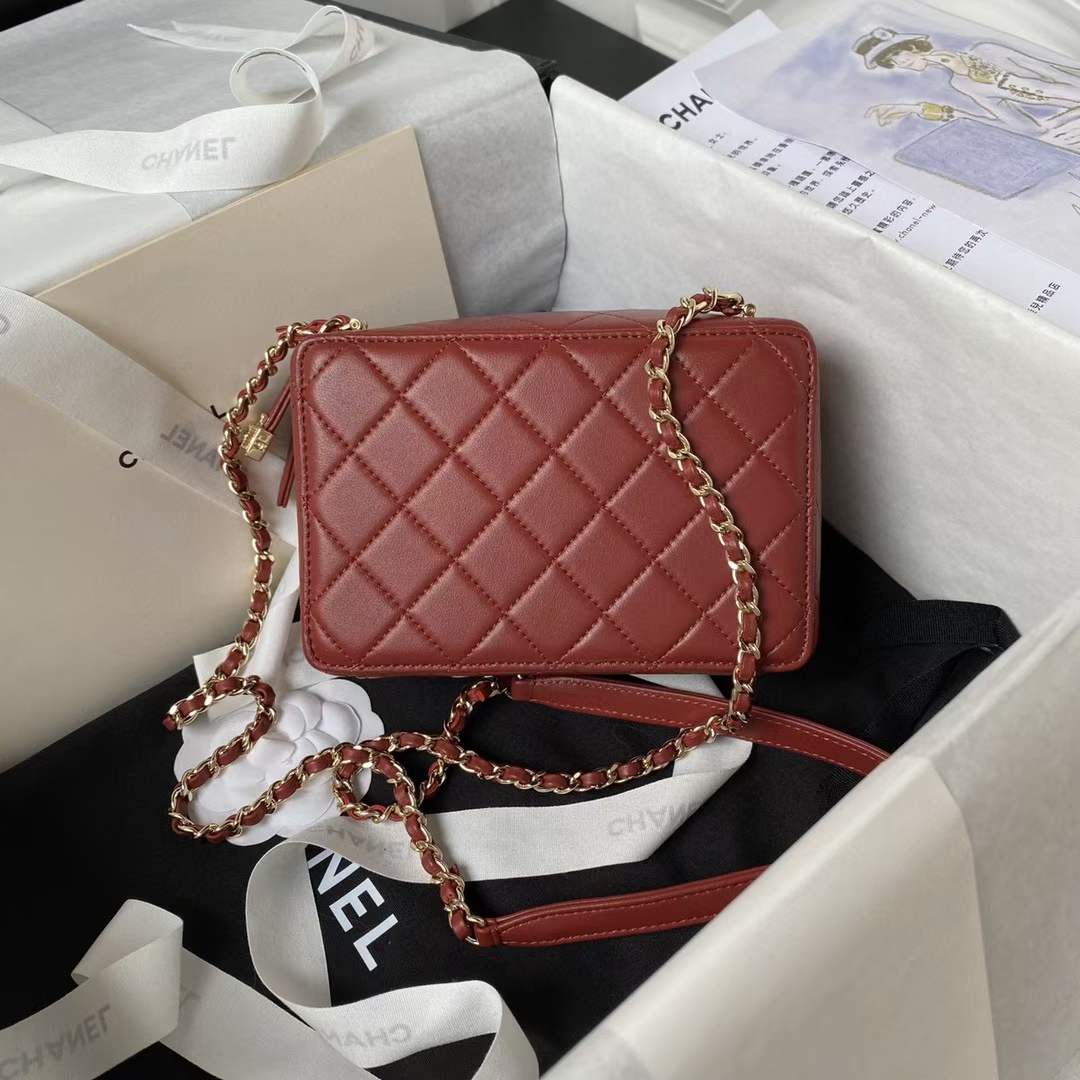 Chanel Women CC Camera Bag Lambskin Gold-Tone Metal Burgundy