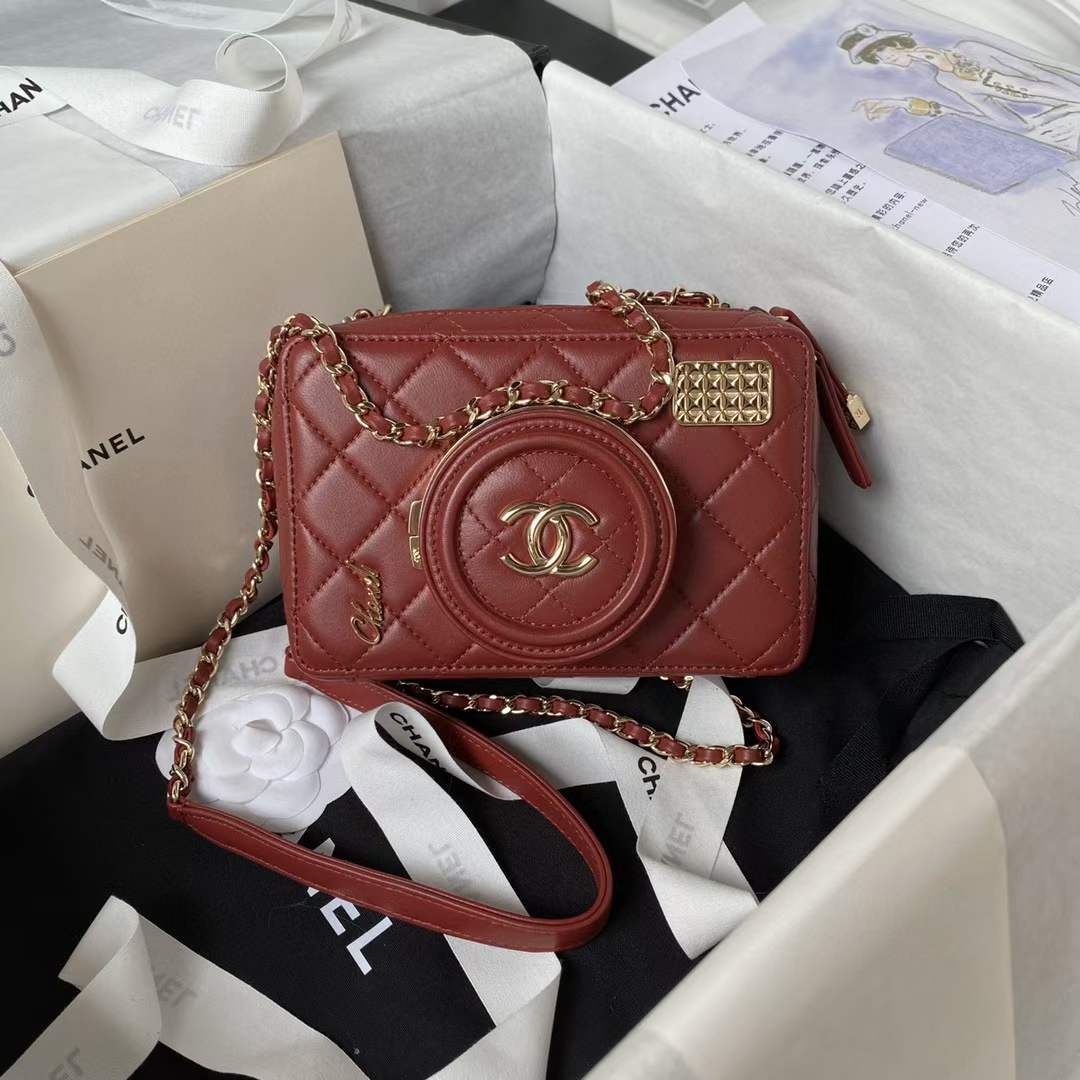 Chanel Women CC Camera Bag Lambskin Gold-Tone Metal Burgundy
