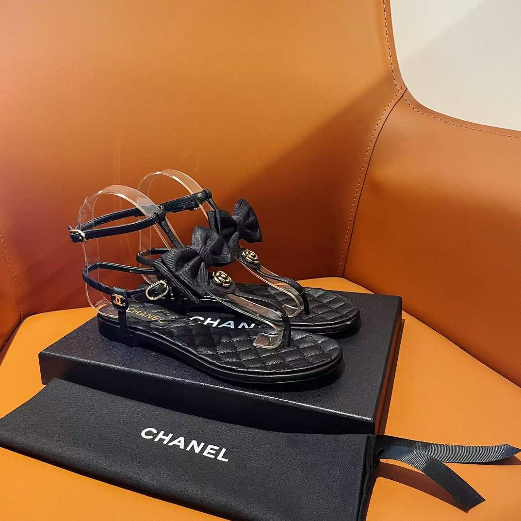 Chanel Women CC Sandals Grosgrain Black 1 CM Heel