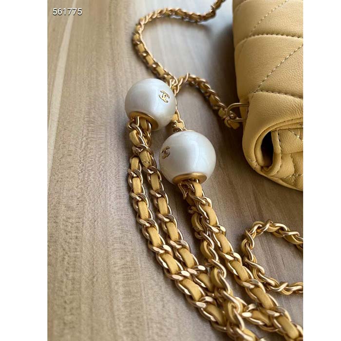 Chanel Women CC Small Flap Bag Pearly Lambskin Imitation Pearls Yellow