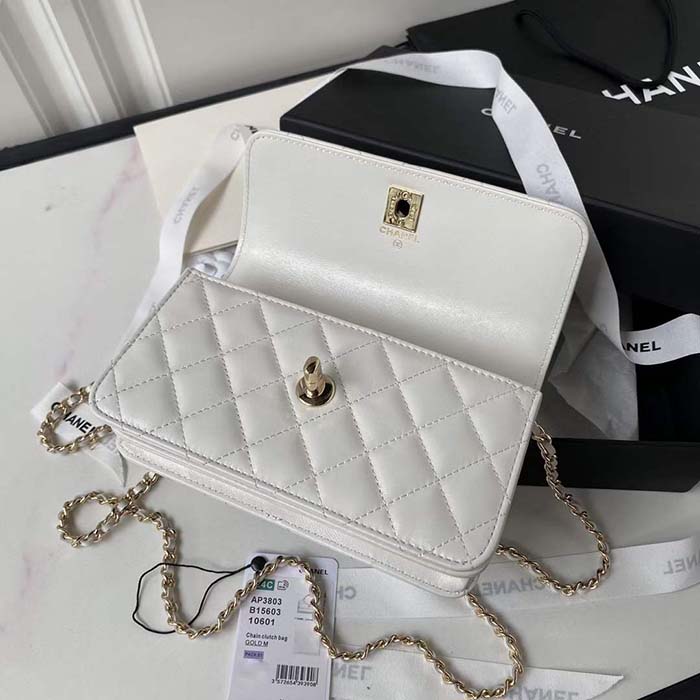 Chanel Women CC Wallet On Chain Shiny Crumpled Lambskin Imitation Pearls