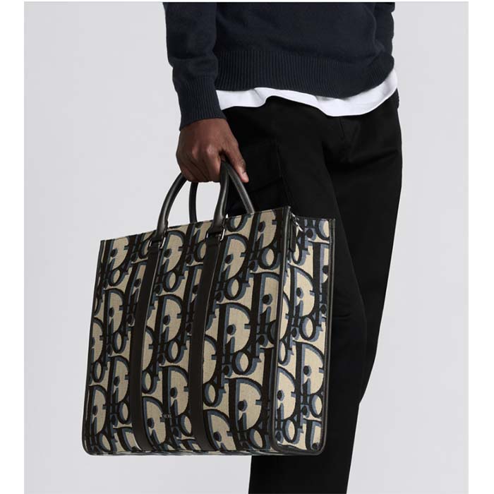 Dior Unisex CD East-West Tote Bag Beige Black Maxi Oblique Jacquard
