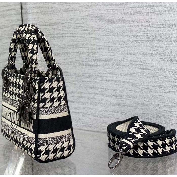 Dior Women CD Mini Lady D-Lite Bag Black White Houndstooth Embroidery
