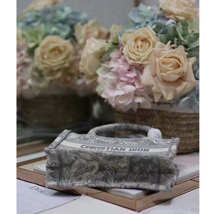 Dior Women Mini Dior Book Tote Strap Gray Toile De Jouy Reverse Embroidery