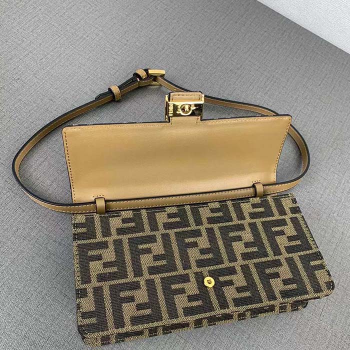 Fendi Women FF Wallet On Chain Baguette Brown FF Fabric Wallet