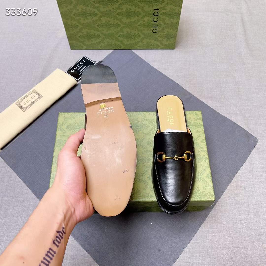 G*u*i unisex gg prinston leather slipper black leather flat 1 cm heel