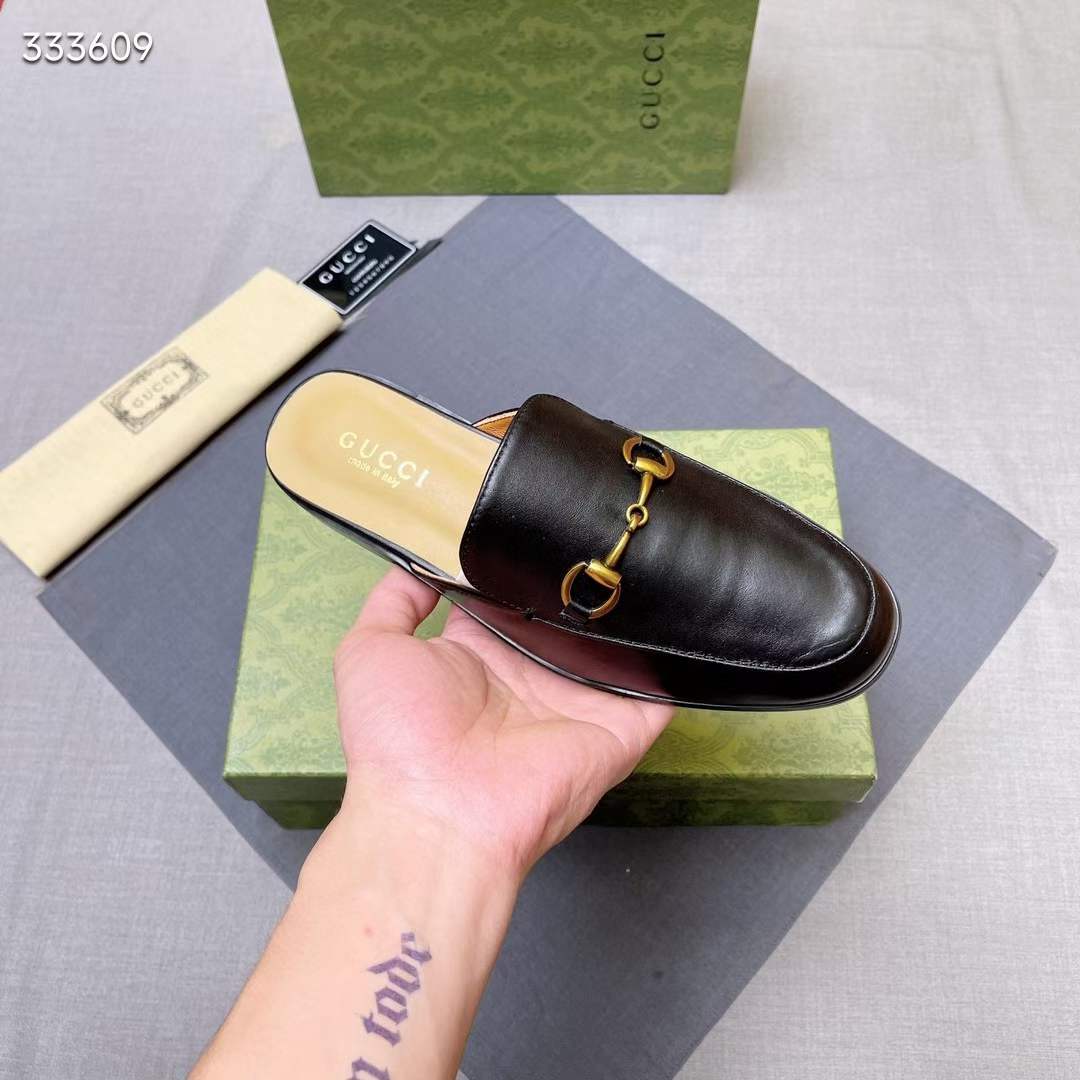 G*u*i unisex gg prinston leather slipper black leather flat 1 cm heel