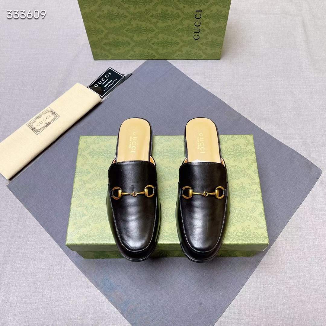 G*u*i unisex gg prinston leather slipper black leather flat 1 cm heel