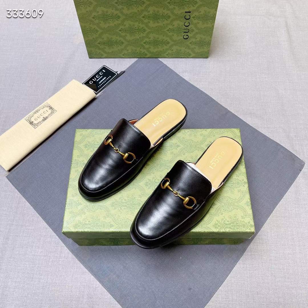 G*u*i unisex gg prinston leather slipper black leather flat 1 cm heel