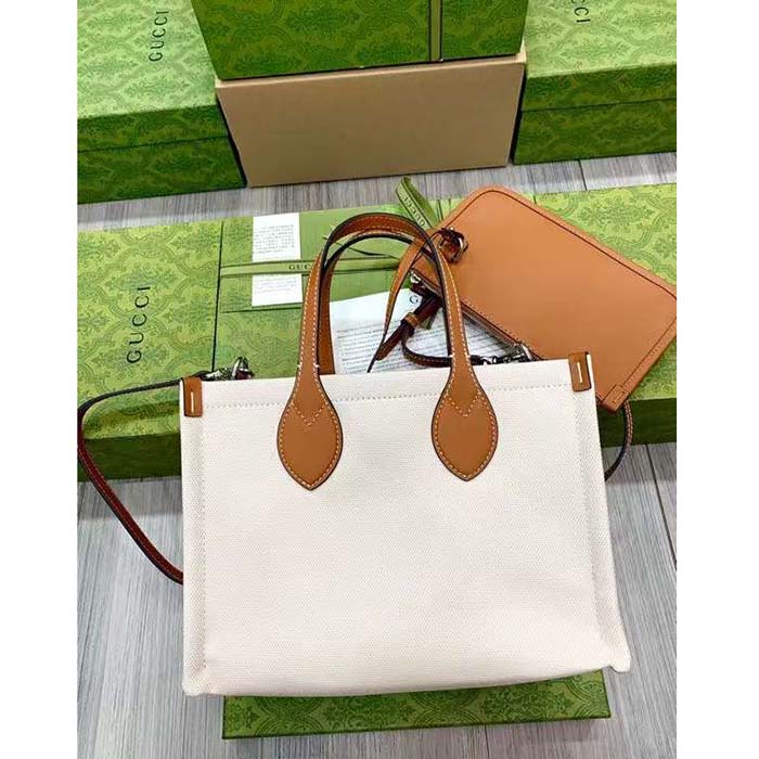 G*u*i gg unisex mini tote bag print beige cotton linen canvas light brown leather