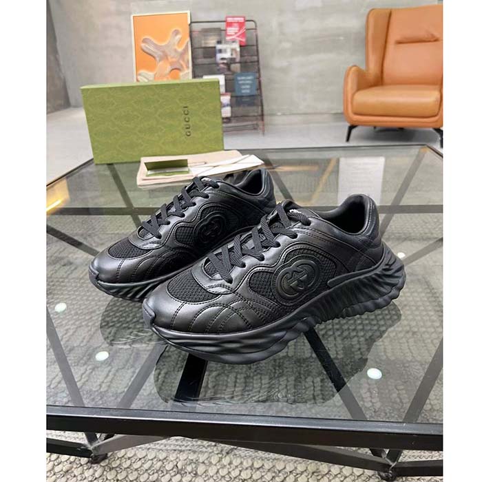 G*u*i gg unisex ripple sneaker black leather mesh lightweight lace-up low heel