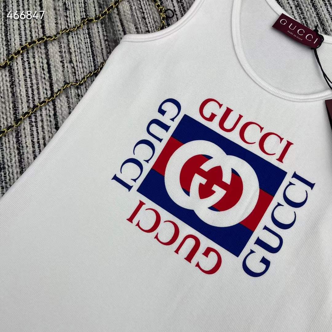 G*u*i women gg rib cotton tank top G*u*i print white scoop neck sleeveless