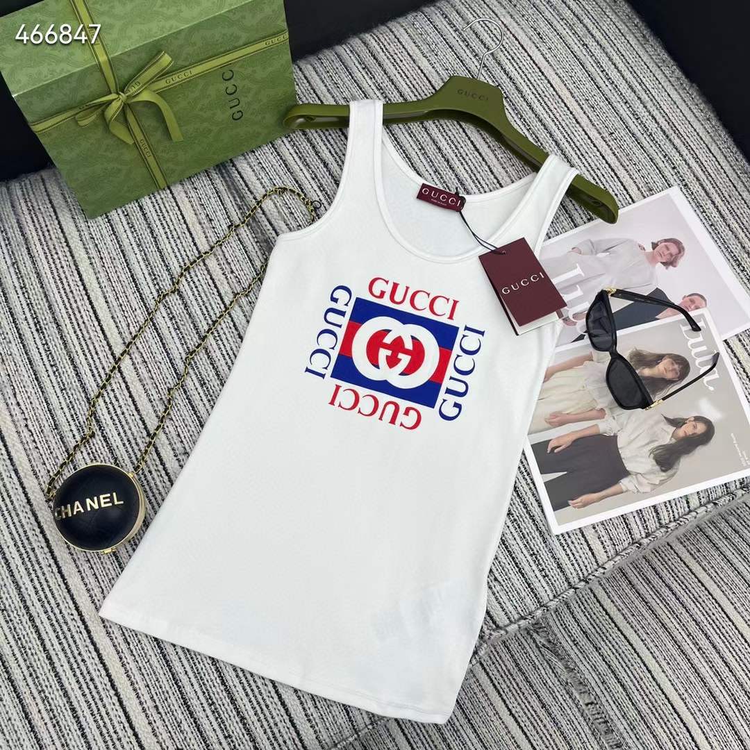 G*u*i women gg rib cotton tank top G*u*i print white scoop neck sleeveless