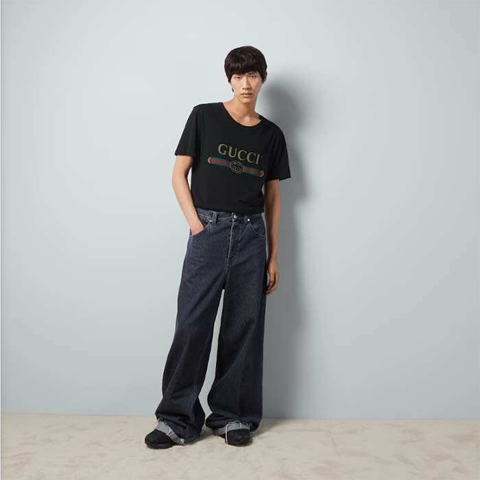 G*u*i men gg washed t-shirt G*u*i logo black crewneck oversize fit