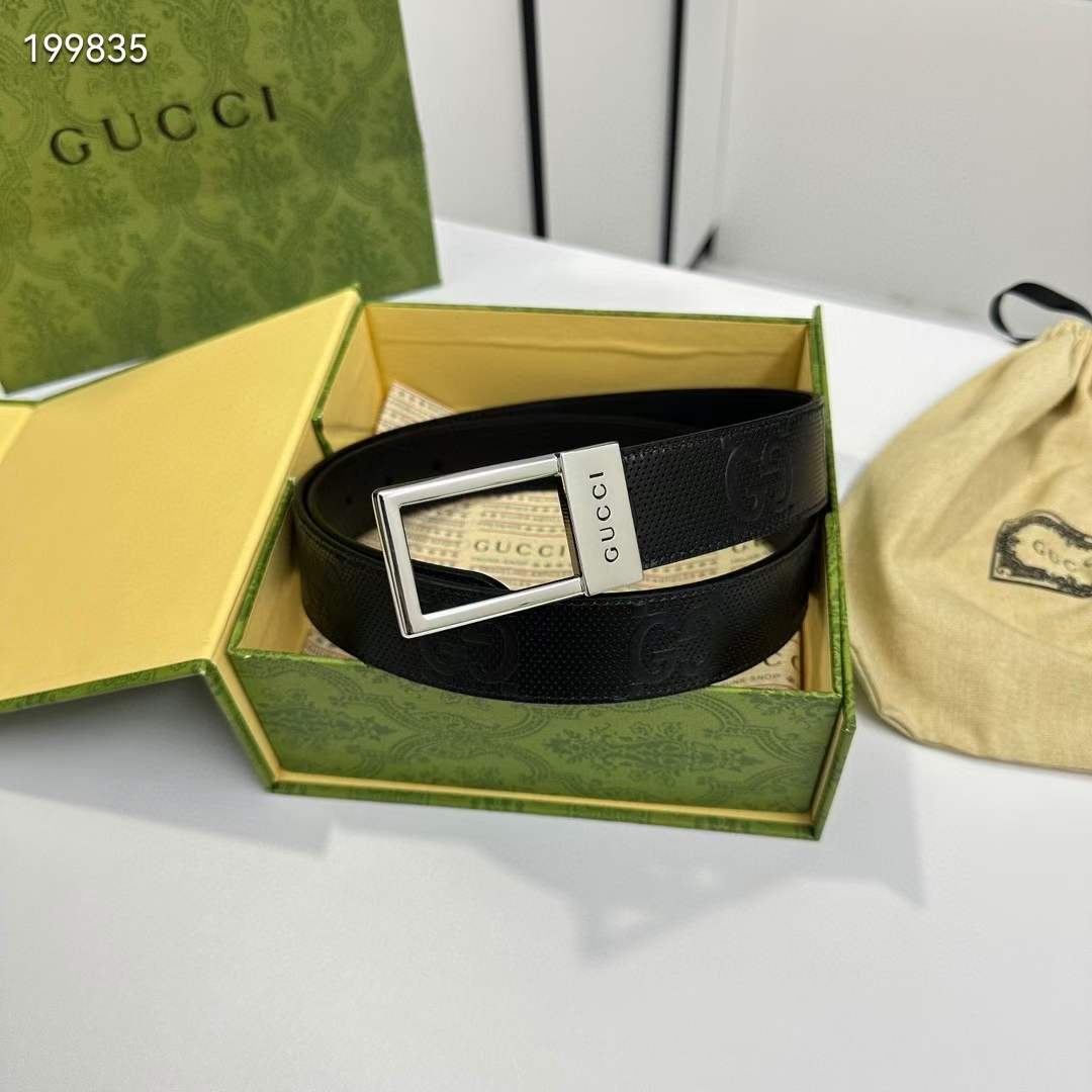 G*u*i unisex gg belt rectangular buckle black leather 3.6 cm width