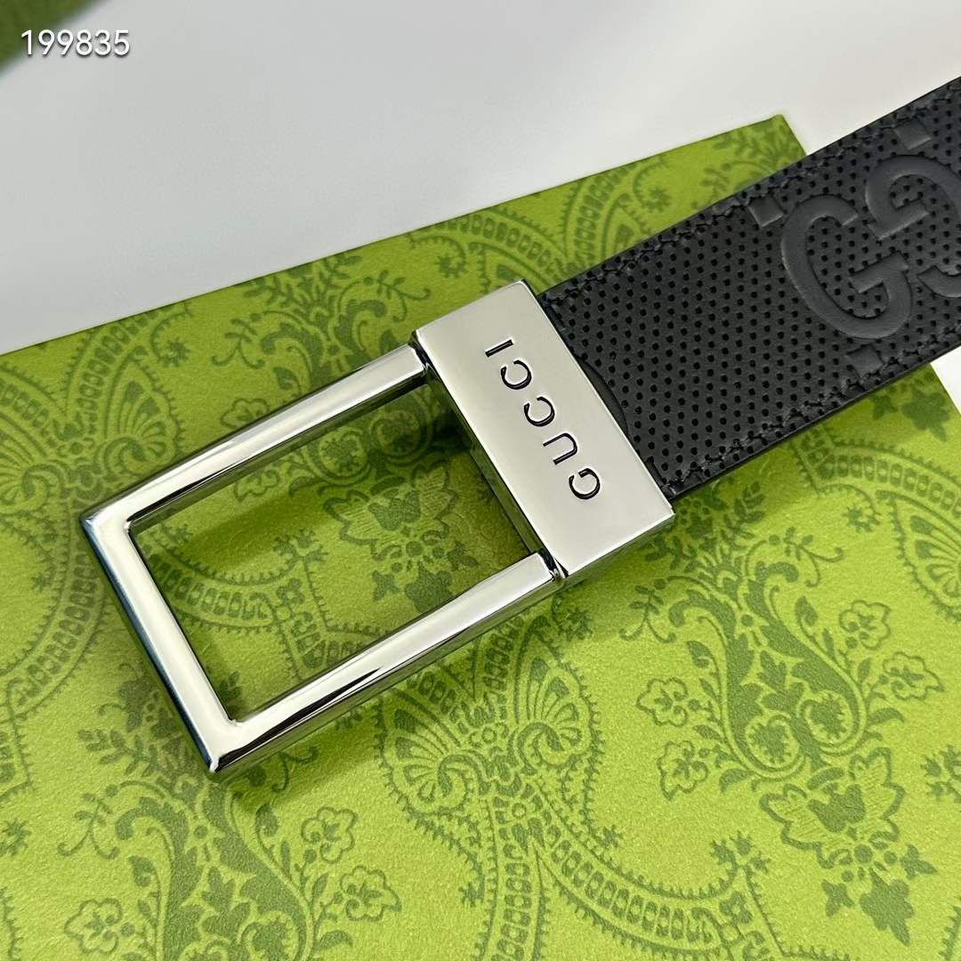 G*u*i unisex gg belt rectangular buckle black leather 3.6 cm width