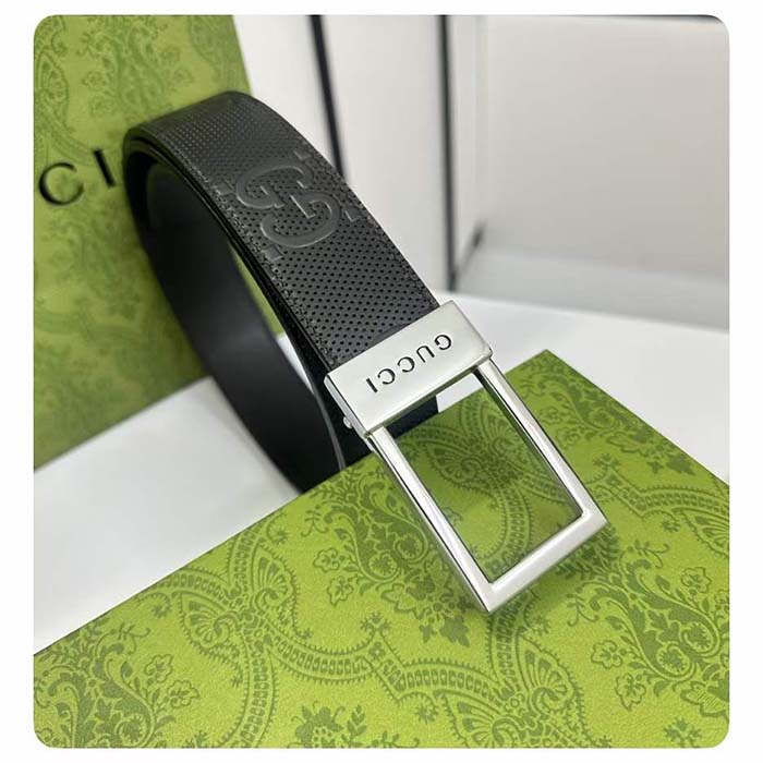 G*u*i unisex gg belt rectangular buckle black leather 3.6 cm width