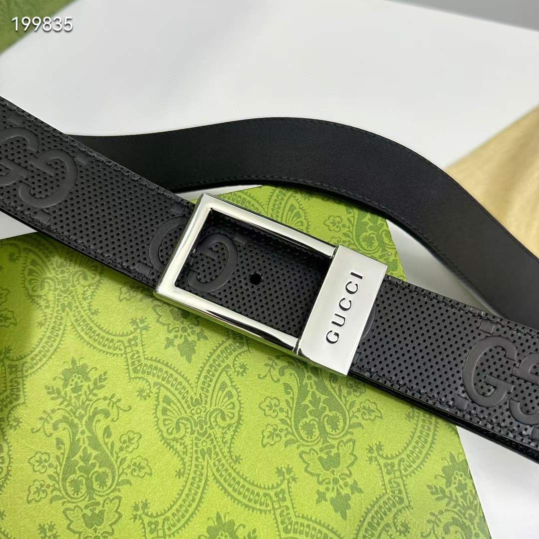 G*u*i unisex gg belt rectangular buckle black leather 3.6 cm width