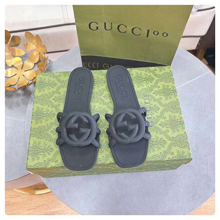 G*u*i unisex gg interlocking g slide sandal black rubber flat