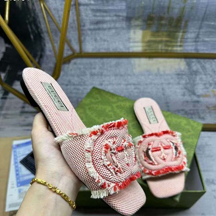 G*u*i unisex gg interlocking g slide sandal fuchsia canvas leather flat
