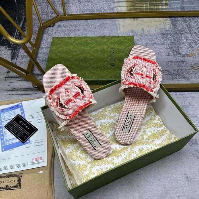 G*u*i unisex gg interlocking g slide sandal fuchsia canvas leather flat