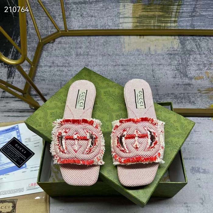 G*u*i unisex gg interlocking g slide sandal fuchsia canvas leather flat