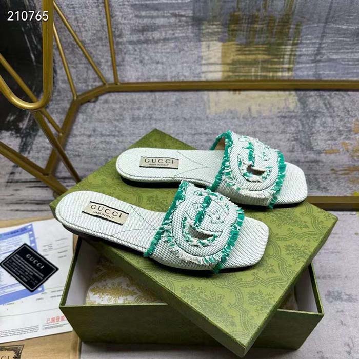 G*u*i unisex gg interlocking g slide sandal light aquamarine canvas leather flat