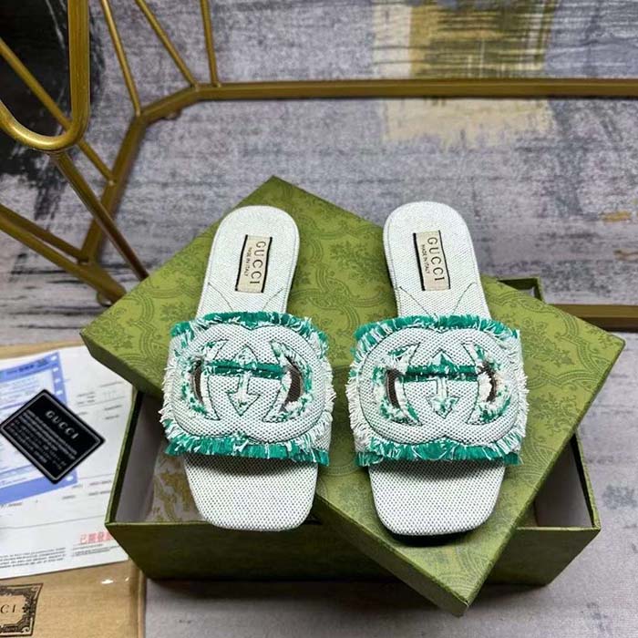 G*u*i unisex gg interlocking g slide sandal light aquamarine canvas leather flat